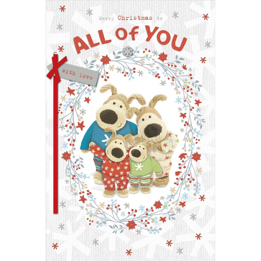 UK Greetings Boofles Family Christmas Card featuring a festive wreath and cheerful holiday design.