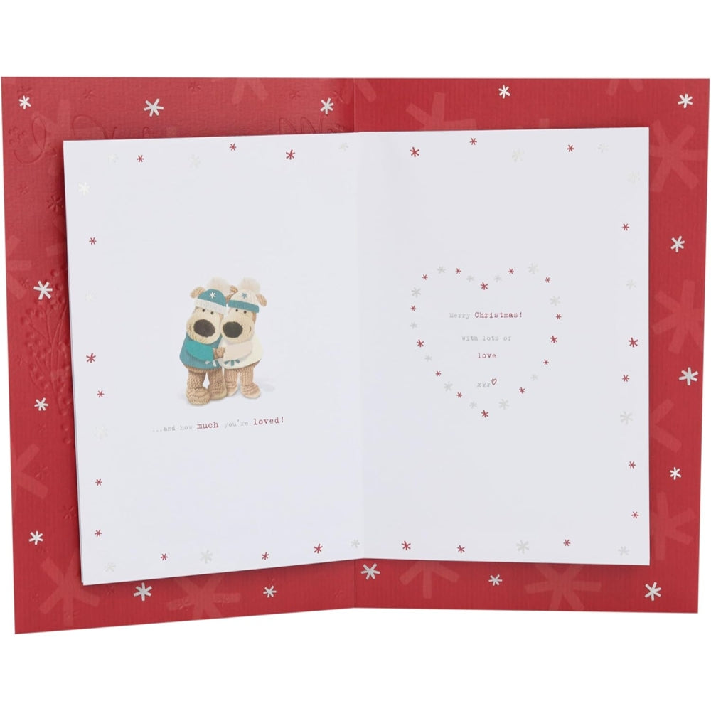 UK Greetings Boofles in Wreath Christmas Card featuring festive design for Mum and Dad.