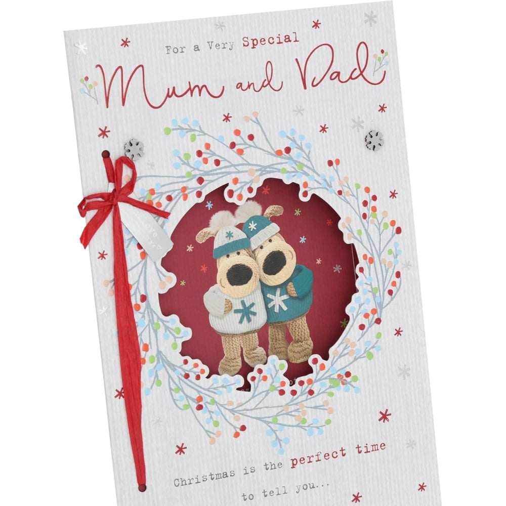 UK Greetings Boofles Christmas card featuring a festive wreath with "Mum & Dad" for holiday greetings.