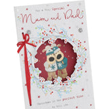 UK Greetings Boofles Christmas card featuring a festive wreath with "Mum & Dad" for holiday greetings.