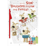 UK Greetings Boofles Christmas card featuring a family scene with son, daughter-in-law, and festive staircase illustration.
