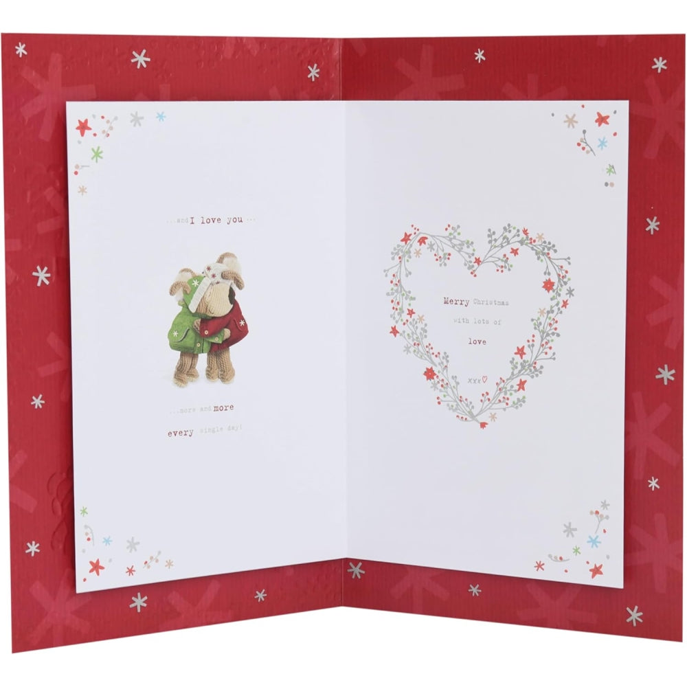 UK Greetings Boofles Christmas Card featuring Fiancée on a festive storyboard with colorful holiday illustrations.