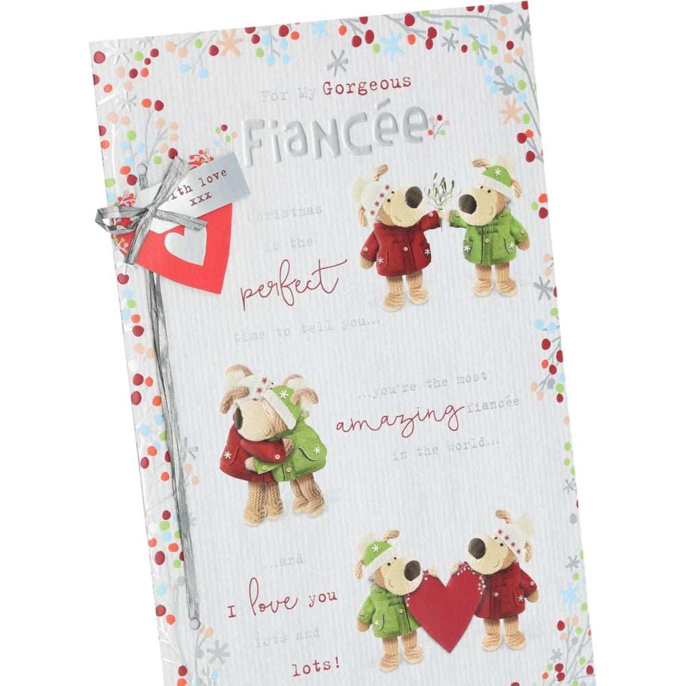 UK Greetings Boofles Christmas card featuring a colorful storyboard design with festive fiancée illustrations.