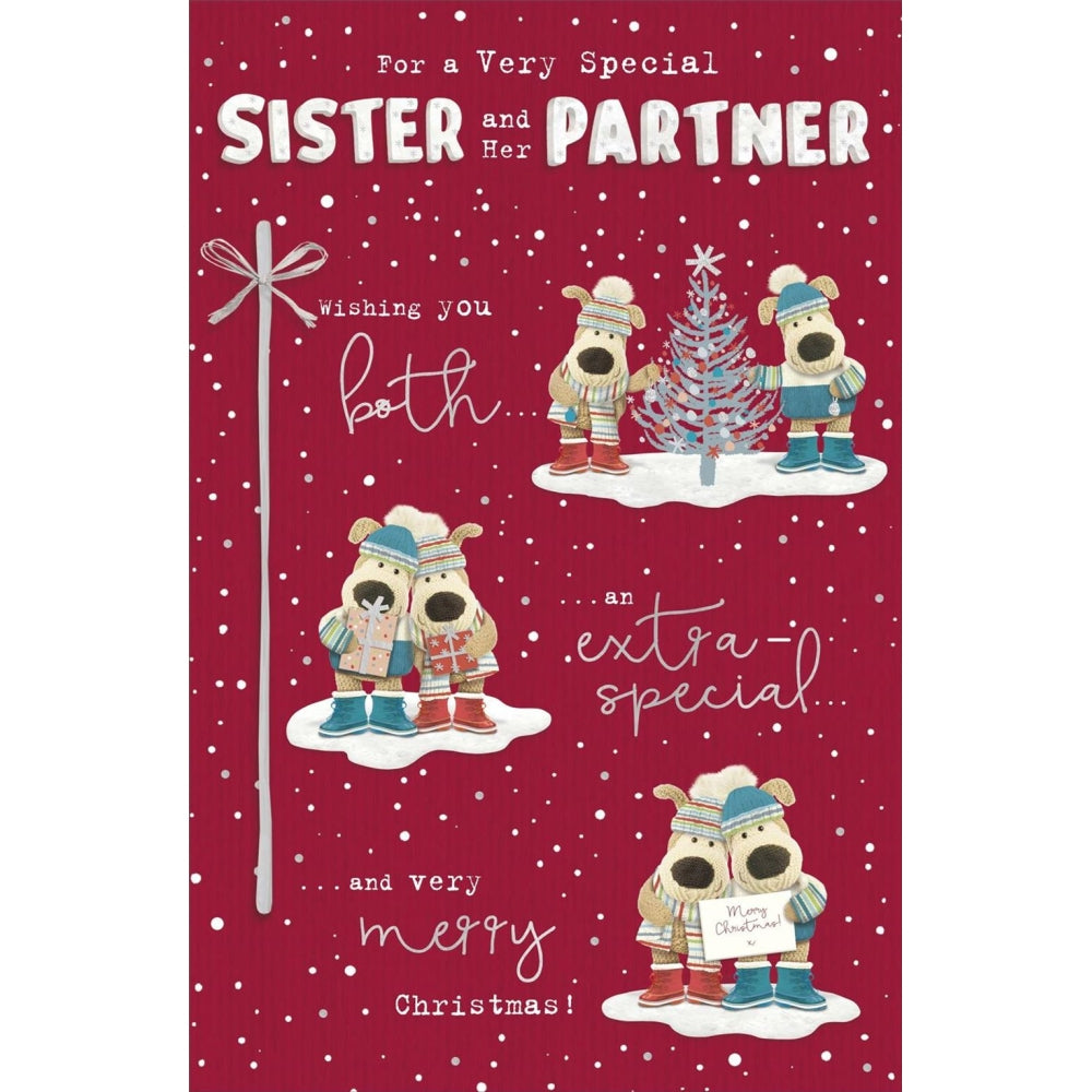 UK Greetings Boofles Christmas card featuring sister and her partner on a storyboard, festive holiday greeting card design