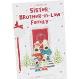 UK Greetings Christmas card featuring Boofles outside house with sister, brother-in-law, and family for holiday greetings.