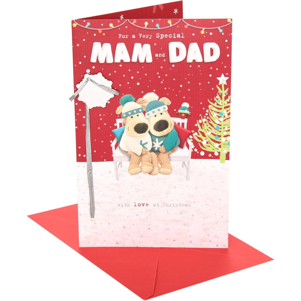 UK Greetings Boofles sitting Mam and Dad Christmas card featuring colorful festive illustrations and holiday greetings.