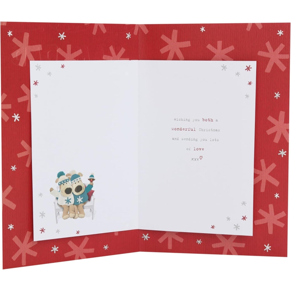 UK Greetings Boofles sitting Mam and Dad Christmas card featuring festive holiday design with cute, colorful illustrations for Christmas greetings.