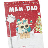 UK Greetings Boofles sitting Mam and Dad Christmas card featuring festive cartoon characters and holiday-themed design.