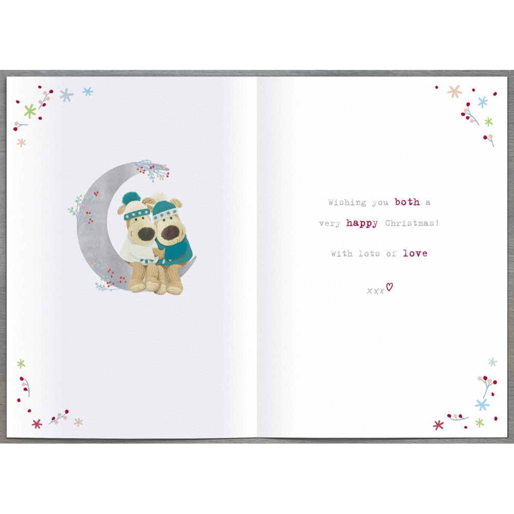 UK Greetings Boofles Christmas card featuring Boofles sitting on a moon with his brother and girlfriend, festive holiday design
