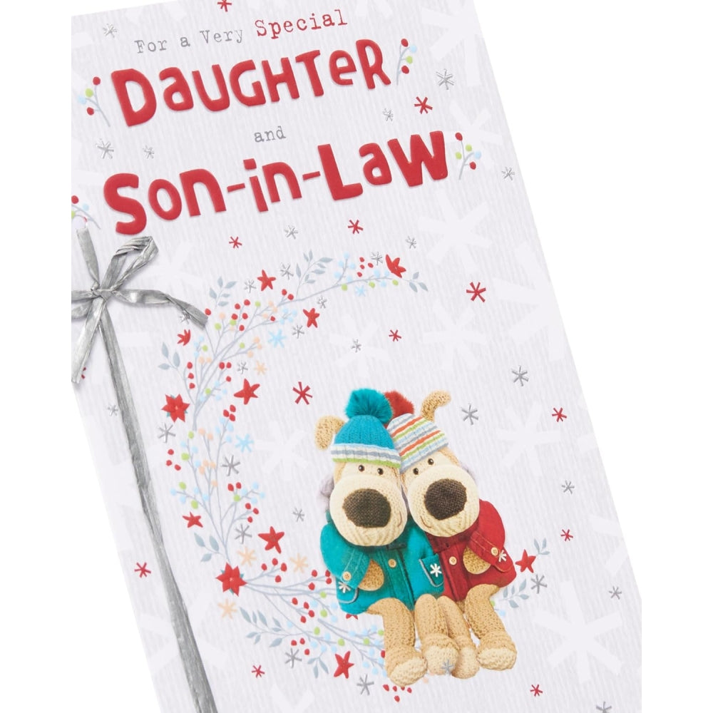 UK Greetings Christmas card featuring Boofles sitting on a wreath, suitable for daughter or son-in-law holiday greetings.