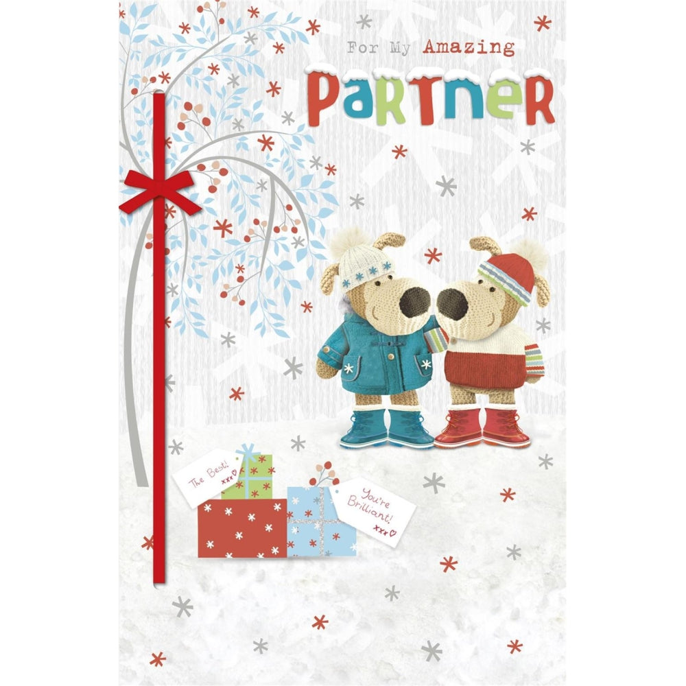 UK Greetings Boofles Christmas Card featuring Boofles standing near gifts, perfect for holiday greetings and festive cheer.