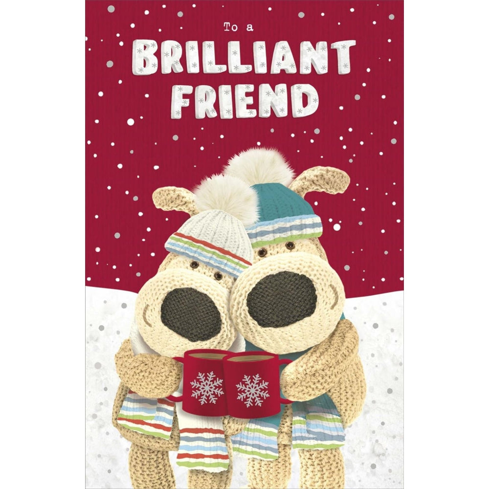 UK Greetings Boofles Christmas card featuring a cute Boofles character with coffee mugs, perfect for festive holiday greetings.