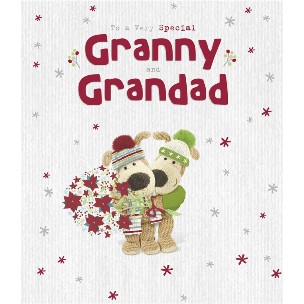 UK Greetings Boofles with Flowers Christmas card featuring a cute granny and grandad design with festive floral accents.
