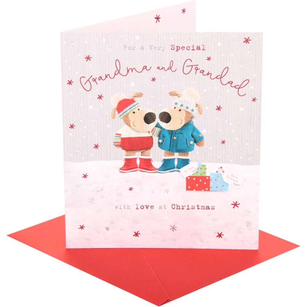 UK Greetings Boofles Christmas card featuring Grandma and Grandad with presents, festive holiday design for grandparents.