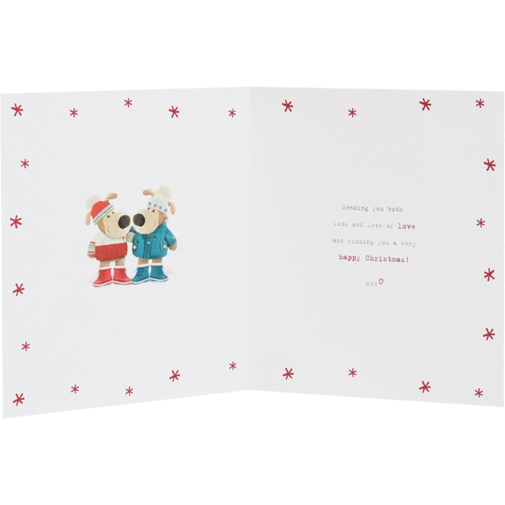 UK Greetings Christmas card featuring Boofles with presents, depicting a festive scene for Grandma and Grandad.