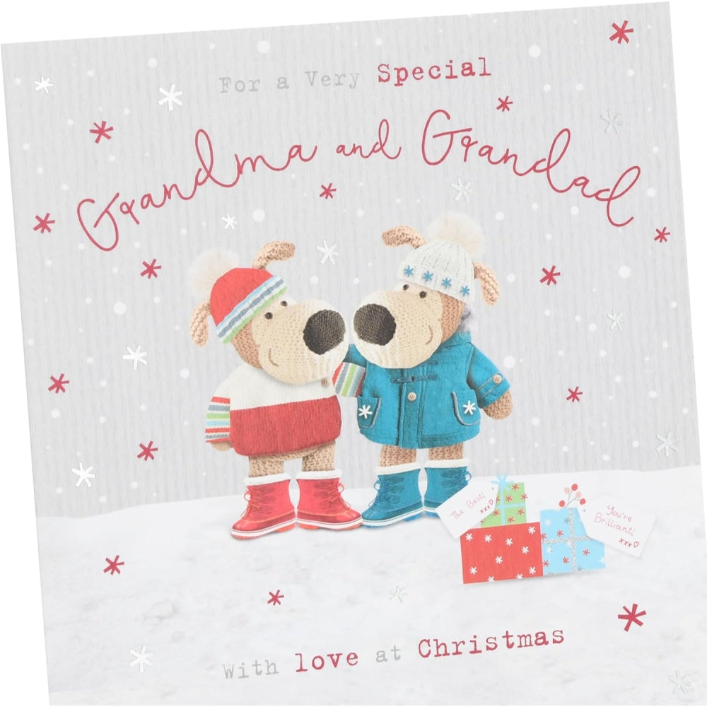 UK Greetings Boofles Christmas card featuring Grandma and Grandad with presents, festive holiday design with colorful characters.