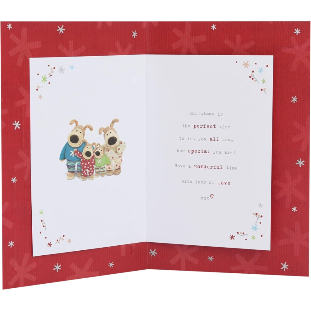 UK Greetings Boofles Christmas card featuring stockings, suitable for daughter, son-in-law, and family during the holiday season.