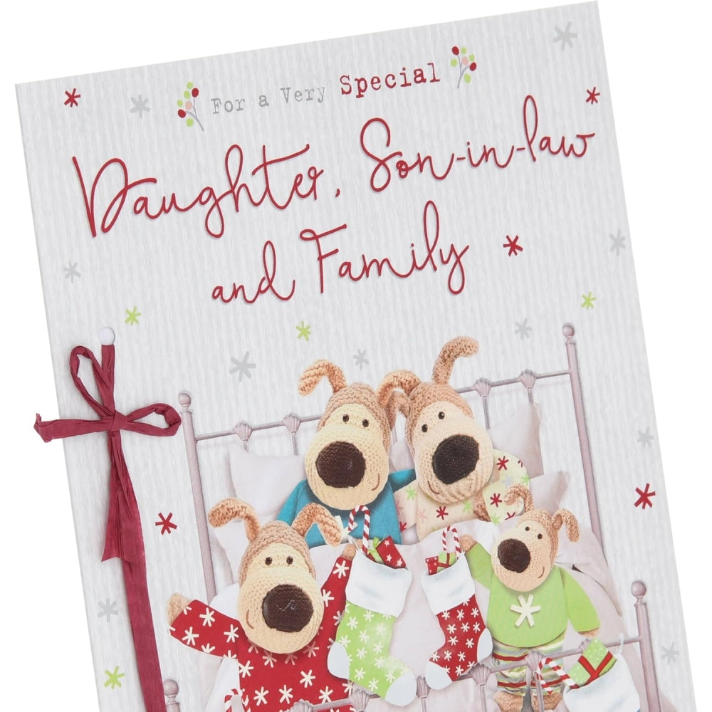 UK Greetings Boofles Christmas card featuring stockings and family scene with daughter, son-in-law, and family members.