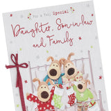 UK Greetings Boofles Christmas card featuring stockings and family scene with daughter, son-in-law, and family members.