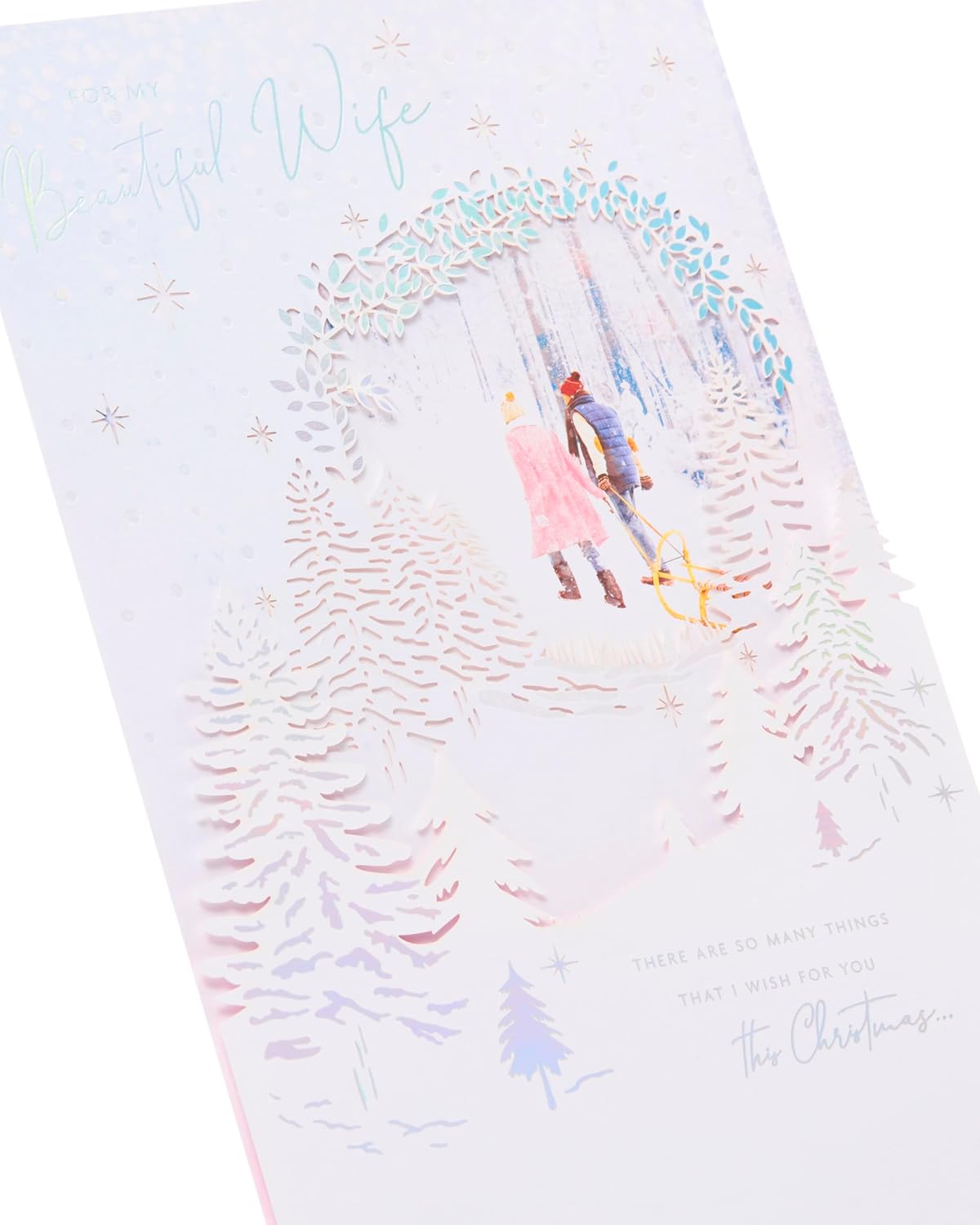 UK Greetings Christmas card for wife featuring a beautiful snowy winter scene with festive holiday imagery.