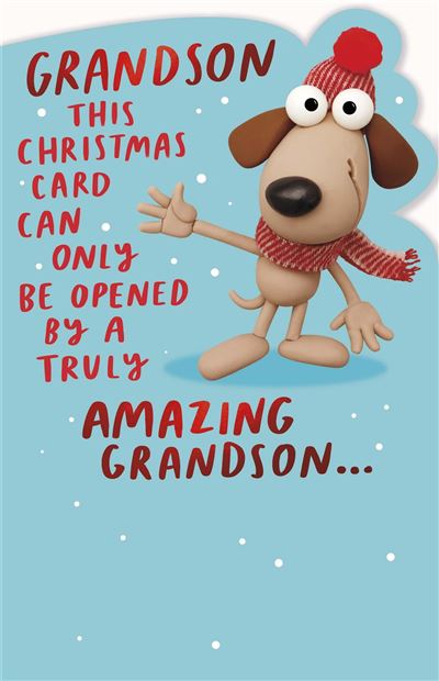 UK Greetings Christmas card featuring a cute dog illustration, perfect for sending holiday wishes to your grandson.