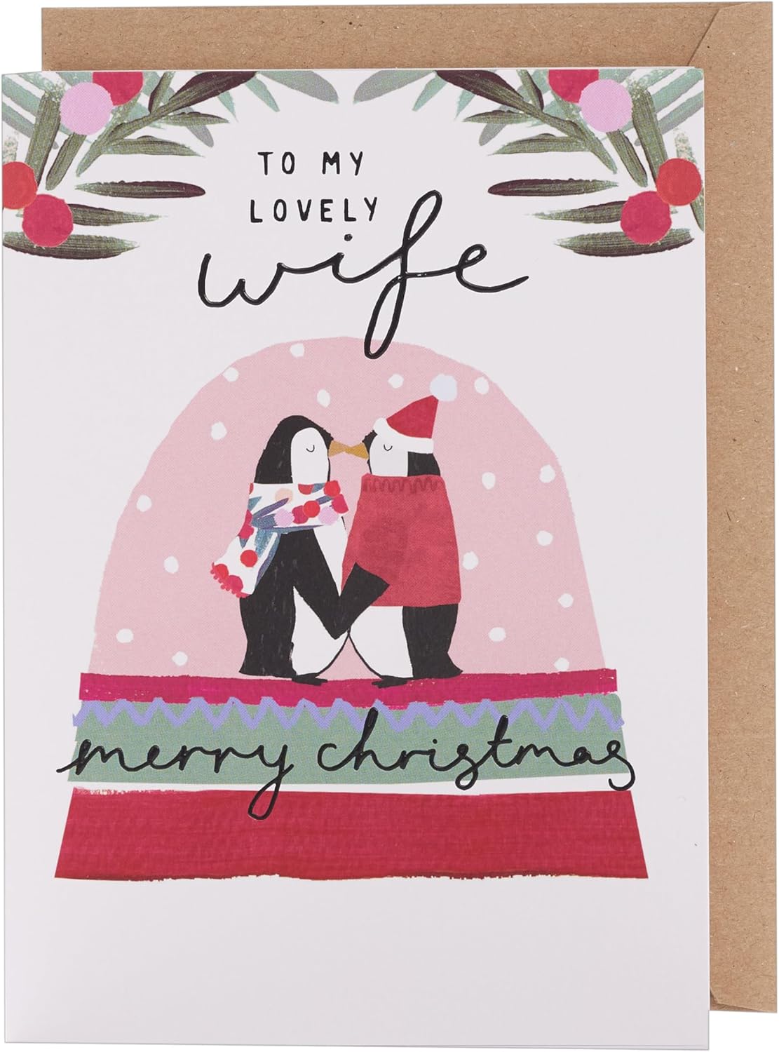 UK Greetings Wife Penguin Snow Globe featuring glitter, a heartfelt message, and a cute Christmas gift display.