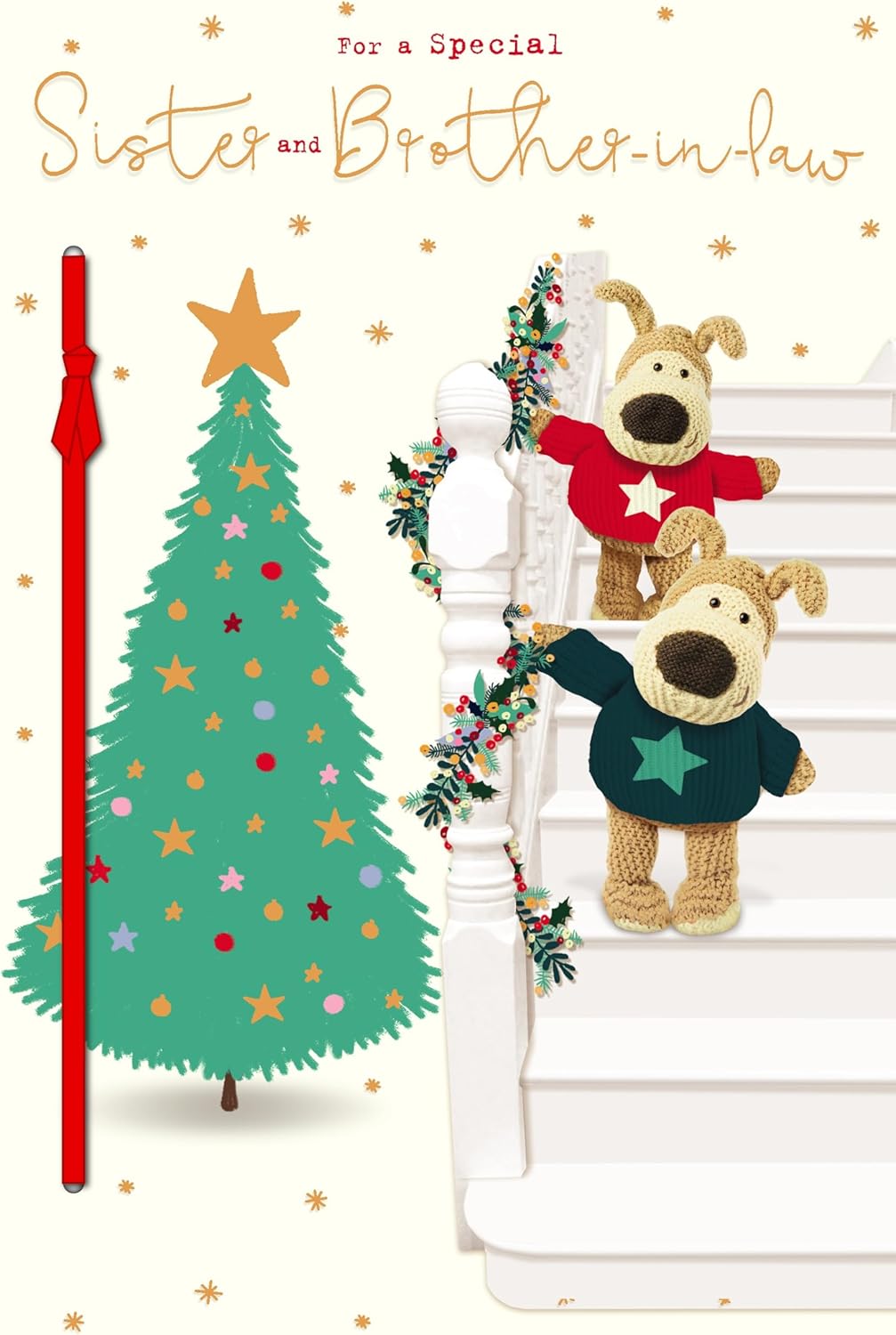 Christmas greeting card for sister and brother-in-law featuring a cute Boofle dog and festive design by UK Greetings.