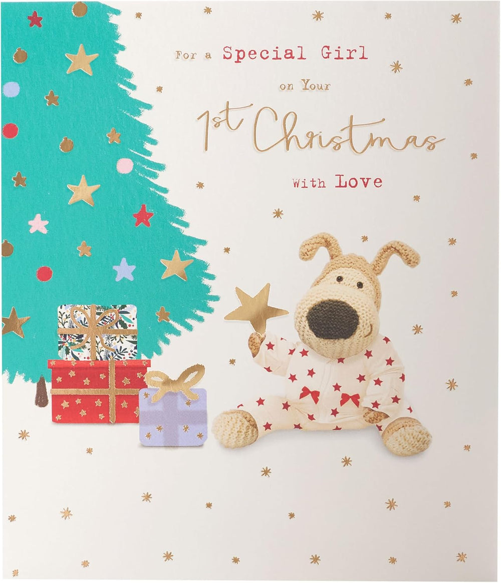 UK Greetings Boofle Baby Girl’s 1st Christmas Card featuring a cute festive design with holiday-themed illustrations.