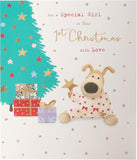UK Greetings Boofle Baby Girl’s 1st Christmas Card featuring a cute festive design with holiday-themed illustrations.