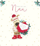 UK Greetings Boofle Christmas greeting card for Nan featuring a cute festive design with an open envelope on a holiday background.