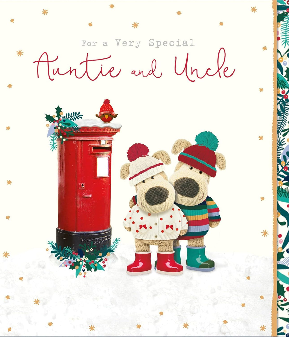 UK Greetings Boofle Christmas greeting card featuring cute festive design for a special auntie and uncle.