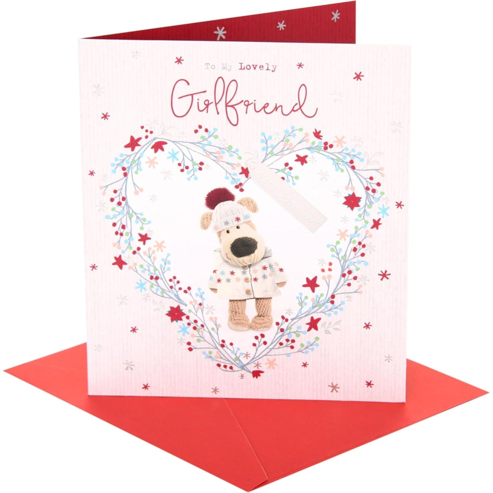 UK Greetings Boofle Christmas greeting card featuring a cute inside heart design for girlfriends, with festive holiday imagery.