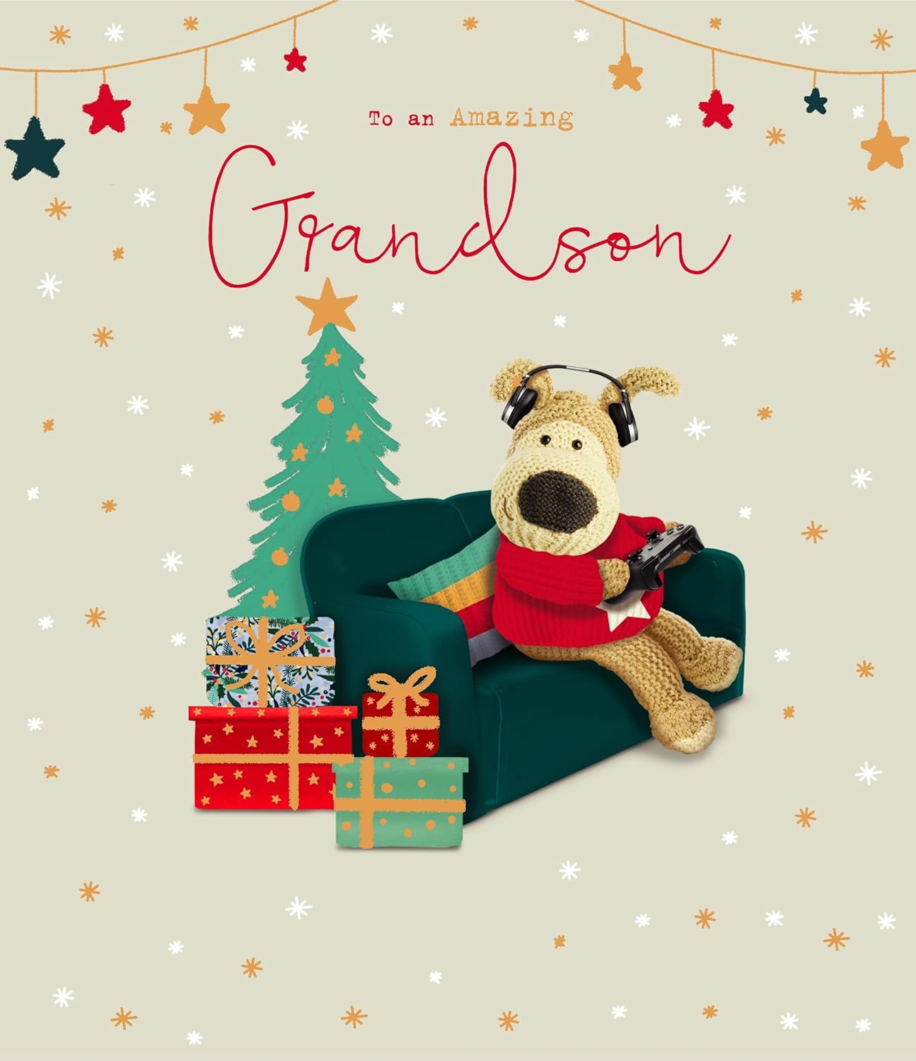 UK Greetings Boofle Christmas greeting card featuring a cute design for an amazing grandson, perfect for gaming-themed holiday wishes.