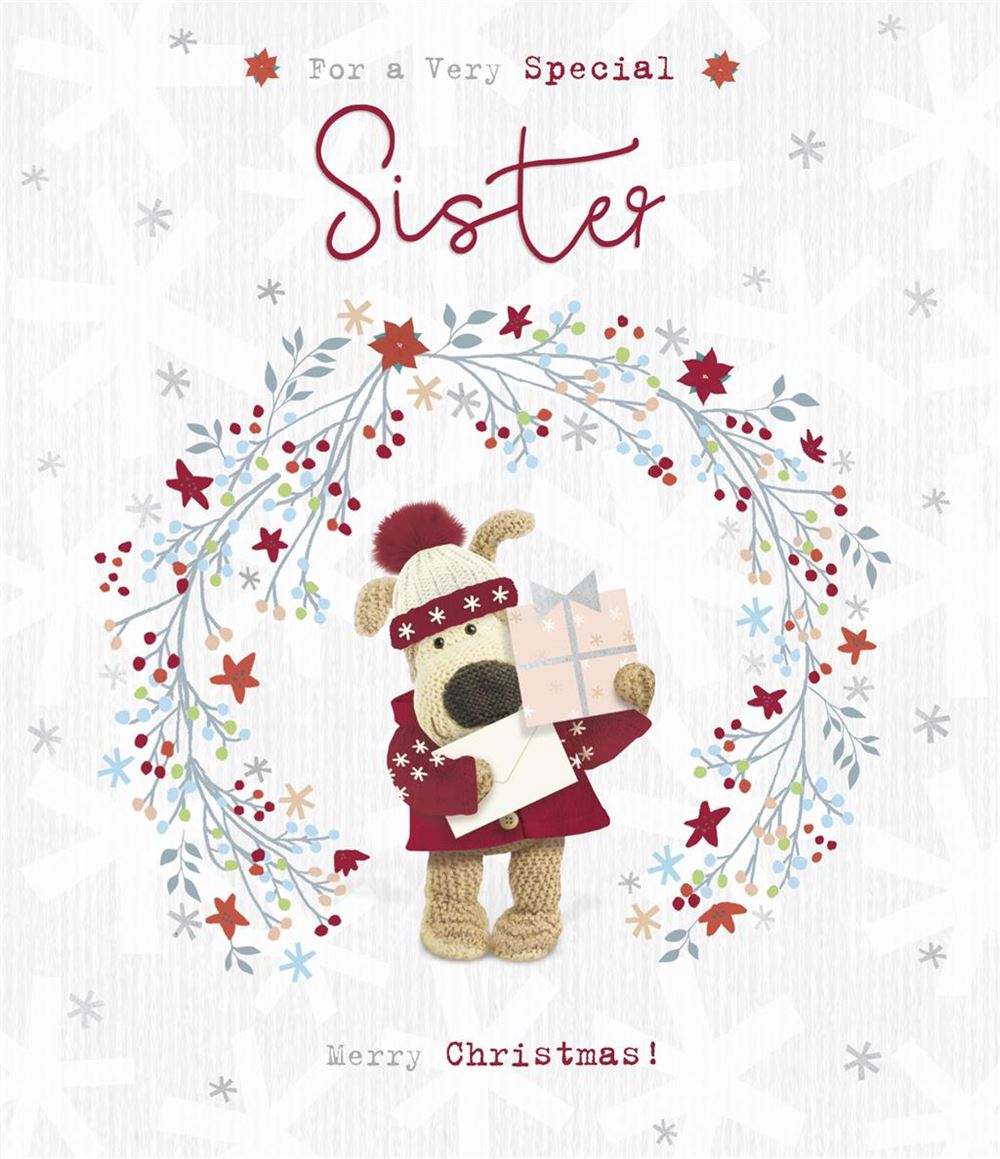 UK Greetings Boofle Christmas greeting card with envelope and gift, featuring a cute festive design for sister.