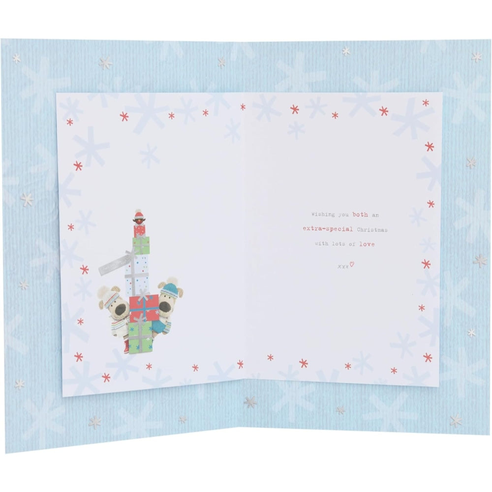 UK Greetings Boofles Christmas greeting card featuring a festive sleigh with son and girlfriend characters in cute holiday design