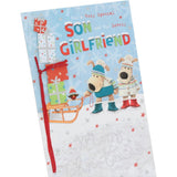 UK Greetings Boofles Christmas greeting card featuring a festive sleigh with son and girlfriend characters, cute holiday design.