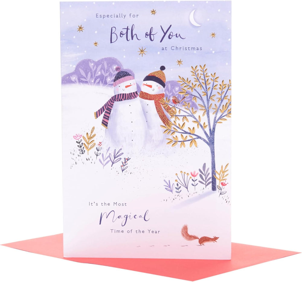 UK Greetings Christmas greeting card featuring a festive snowcouple design, perfect for sending holiday wishes to loved ones.