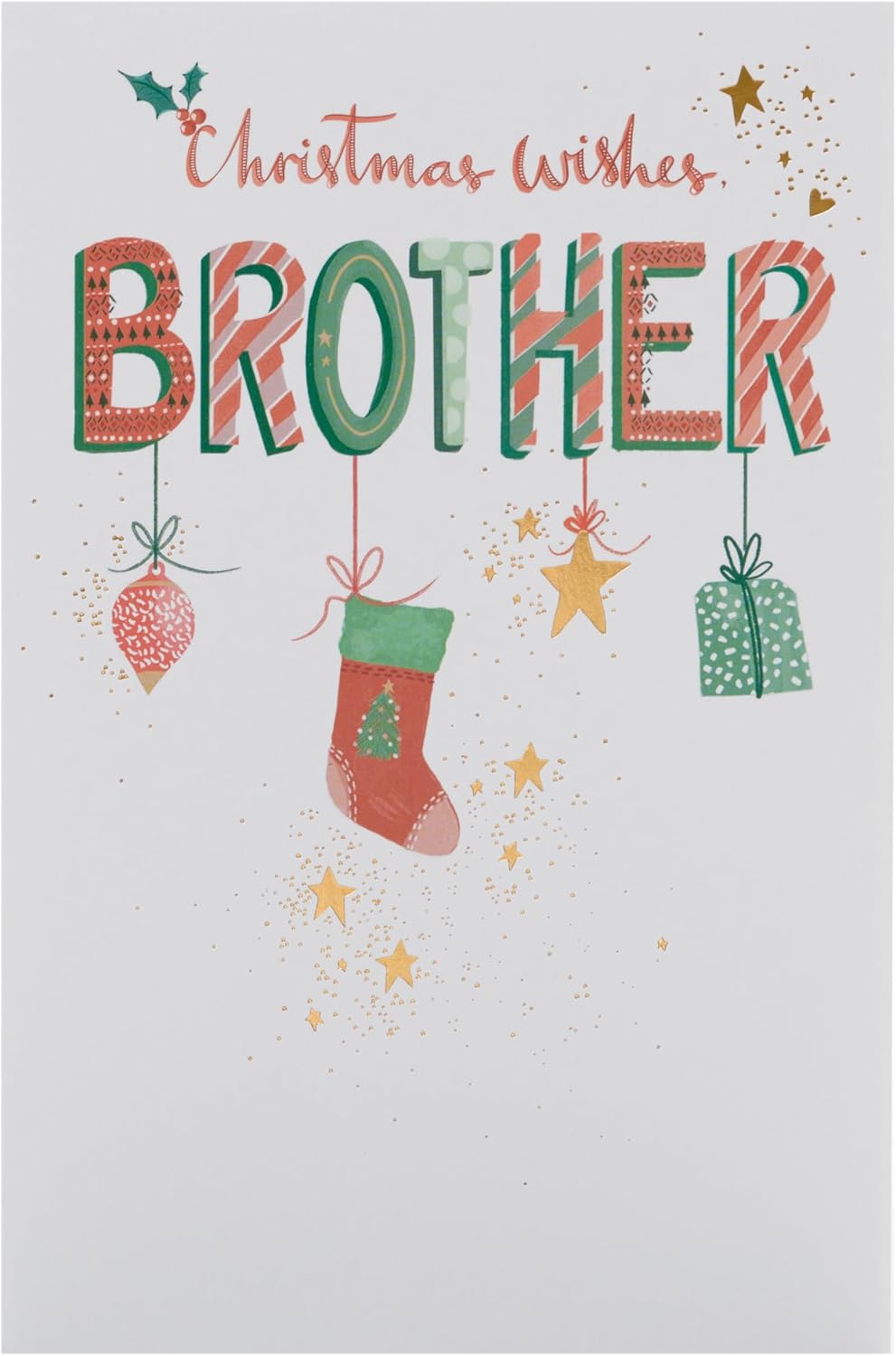 UK Greetings Christmas greeting card for brother with hanging ornaments design, featuring festive holiday imagery.