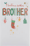 UK Greetings Christmas greeting card for brother with hanging ornaments design, featuring festive holiday imagery.