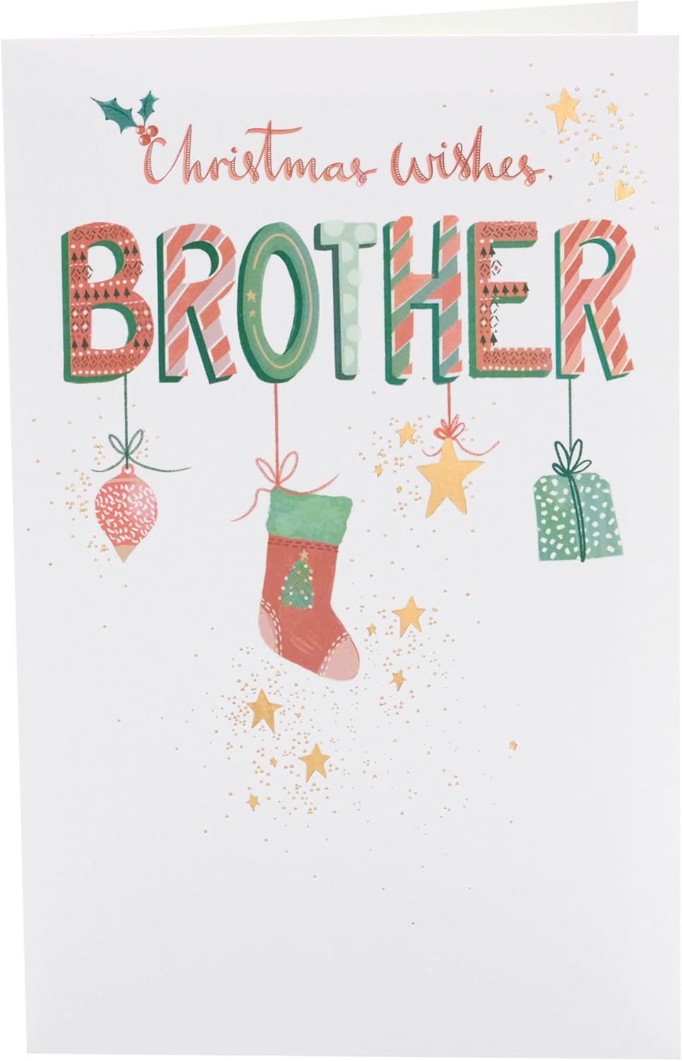 UK Greetings Christmas greeting card for brother featuring hanging ornaments design with festive holiday imagery.
