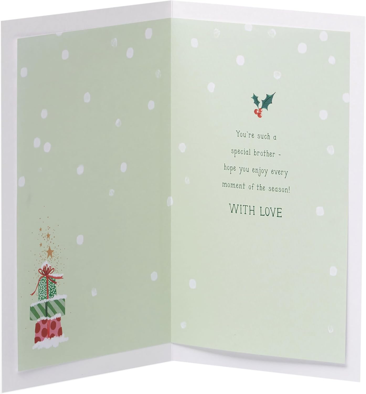 UK Greetings Christmas greeting card for brother featuring hanging ornaments design, festive holiday illustration.