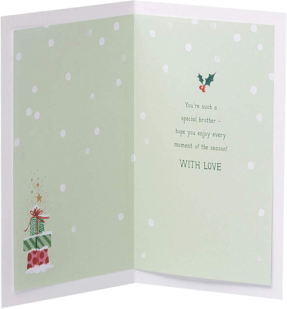 UK Greetings Christmas greeting card for brother featuring hanging ornaments design, festive holiday illustration.