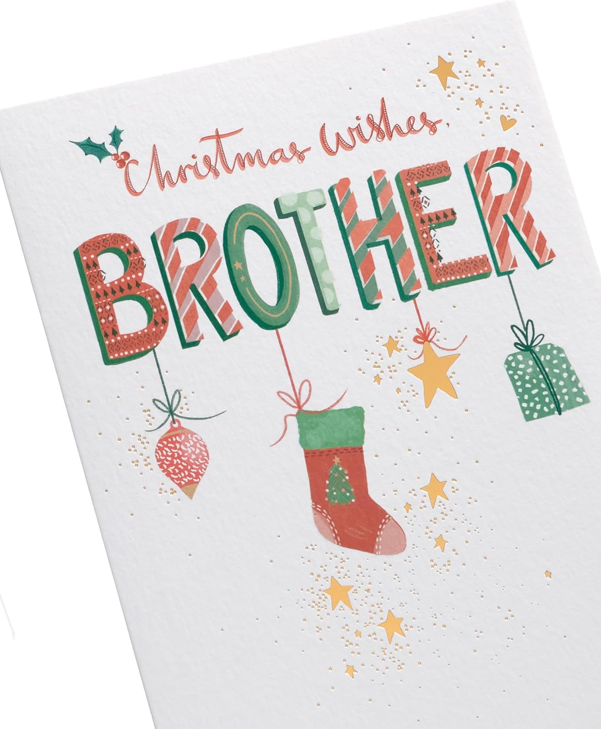 UK Greetings Christmas greeting card for brother featuring hanging ornaments design with festive holiday imagery.