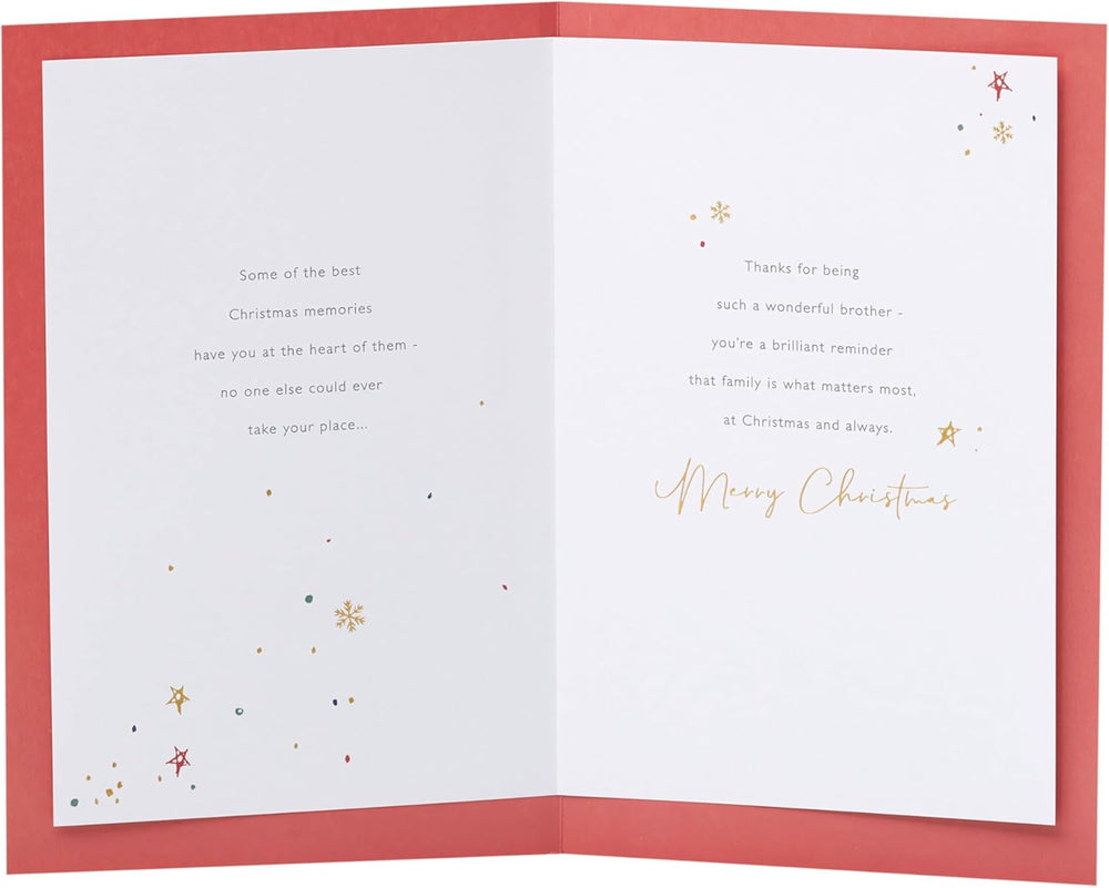 UK Greetings Christmas greeting card for brother with sentimental design, featuring festive imagery and heartfelt message.