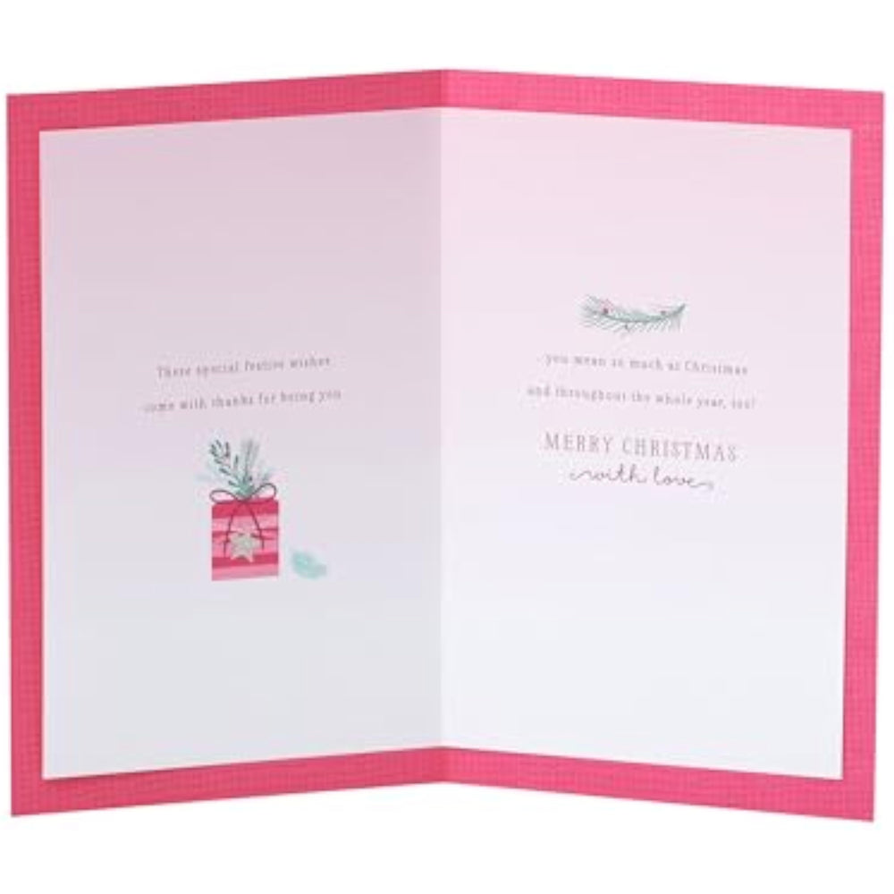 UK Greetings Christmas card for daughter featuring a pink stockings design, festive holiday greeting card with cheerful holiday imagery.