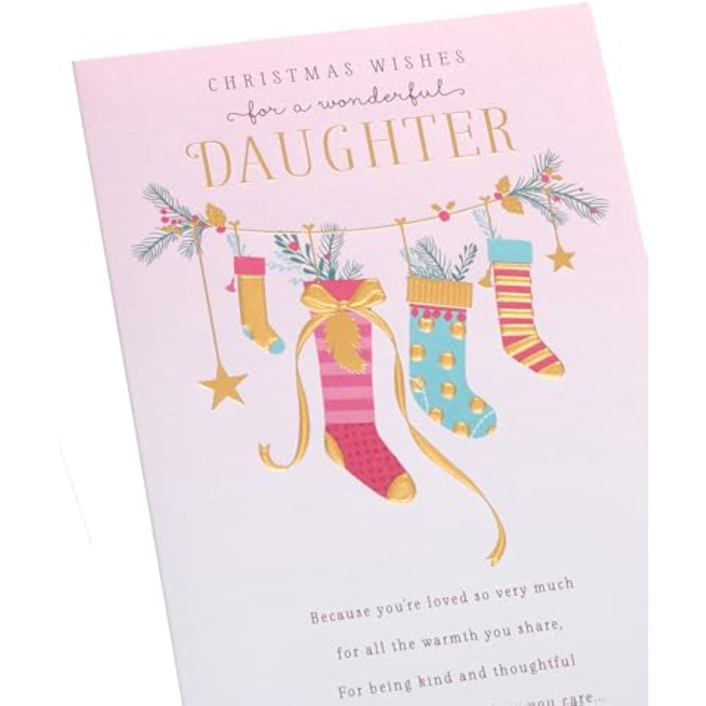 UK Greetings Christmas card for daughter featuring pink stockings design, festive holiday greeting and cheerful holiday scene.