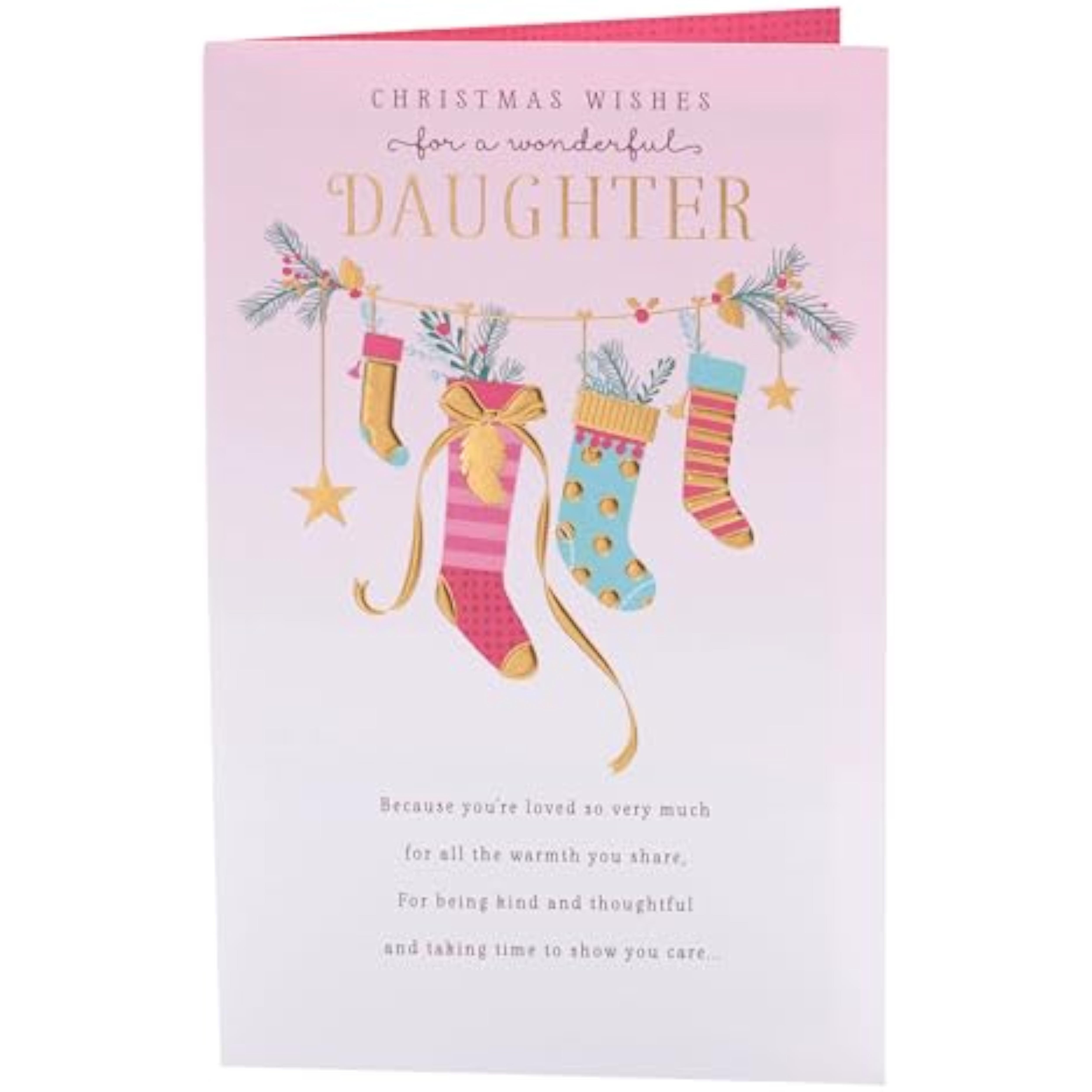 UK Greetings Christmas card for daughter featuring a pink stockings design, perfect for festive holiday greetings.