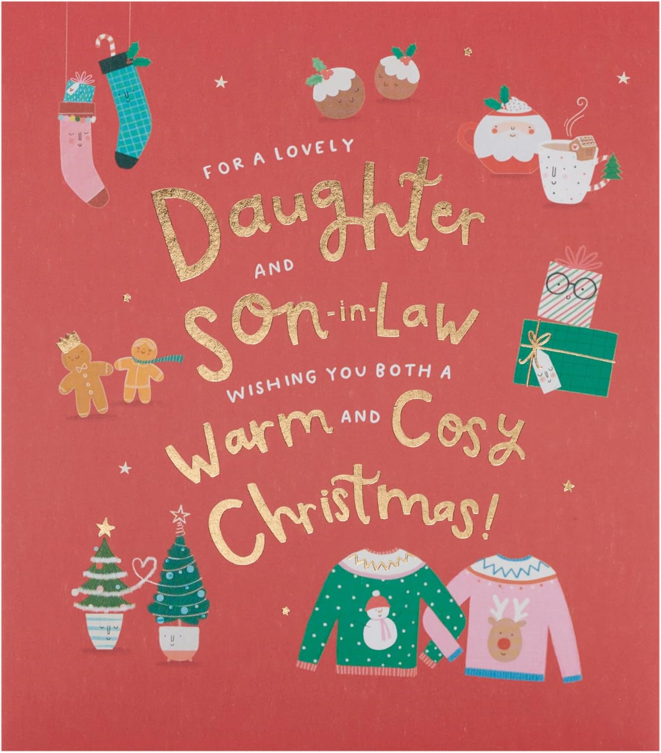 UK Greetings Christmas greeting card featuring a cozy design for daughter and son-in-law, perfect for holiday wishes.