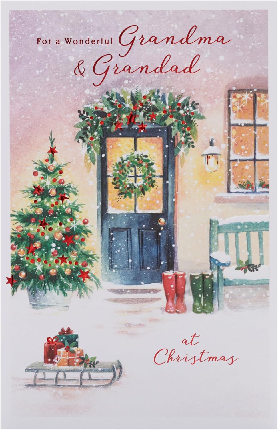 UK Greetings Christmas greeting card for Grandma and Grandad featuring a snowy door design, perfect for holiday wishes.