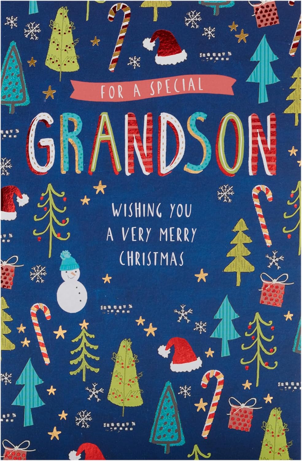 UK Greetings Christmas card for grandson with festive pattern design, featuring holiday-themed graphics and cheerful holiday message.